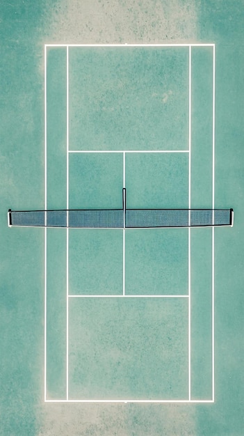 Photo an overhead shot of a tennis court with lines and a net set against a light solid color background for emphasis