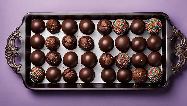 Photo overhead shot of a tray of brownie truffle balls coated in chocolate and sprinkles