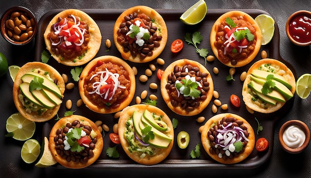 Photo overhead shot of a tray of mexicanstyle sopes with beans and toppings