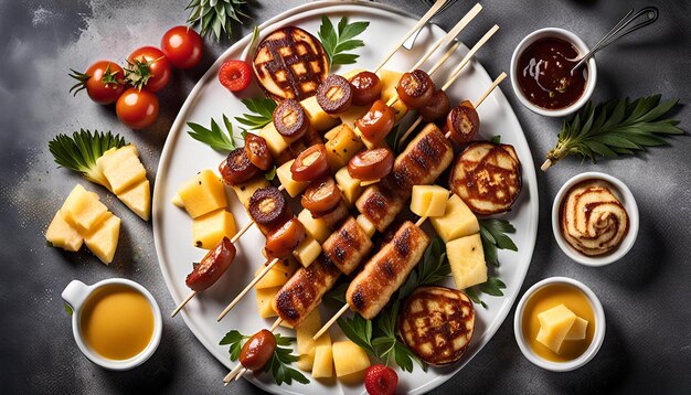 Overhead shot of a tray of pancake skewers with sausage and pineapple