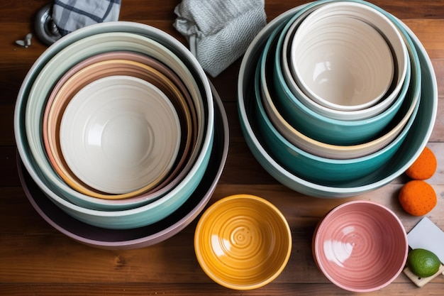 Overhead shot of two stacked bowls on a table created with generative ai