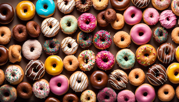 Overhead shot of a variety of colorful sprinkle donuts in a box