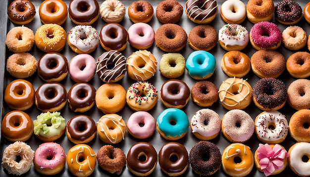 Photo overhead shot of a variety of donut flavors displayed in a bakery case