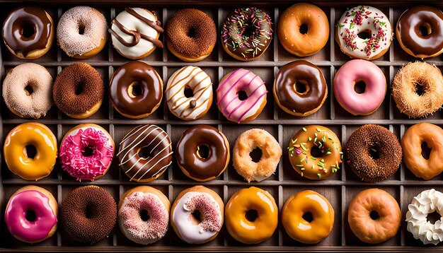 Overhead shot of a variety of donut flavors displayed in a bakery case