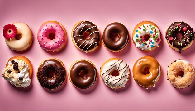 Photo overhead shot of a variety of donut ice cream sundaes with toppings