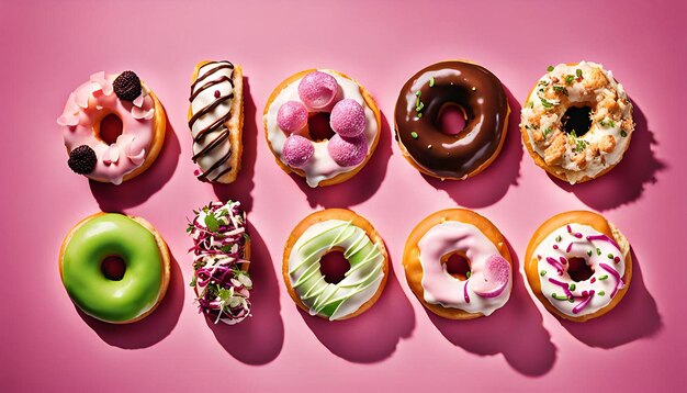 Photo overhead shot of a variety of donut ice cream tacos with assorted fillings