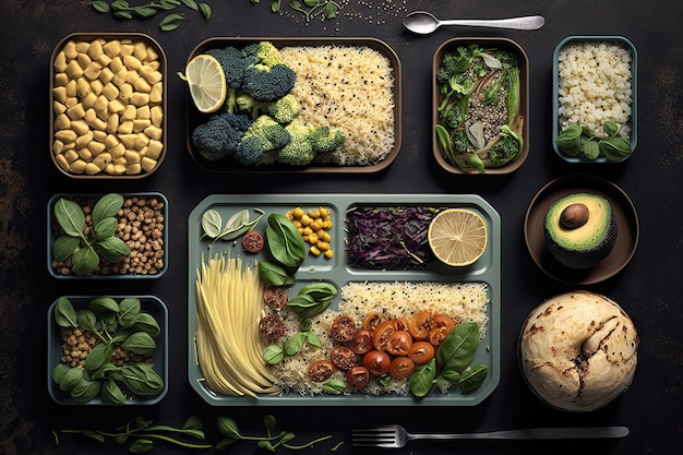 Overhead shot of vegan meal prep Healthy eating plantbased diet nutrition meal planning cooking balanced meals environmental sustainability mindfulness High resolution Generative AI