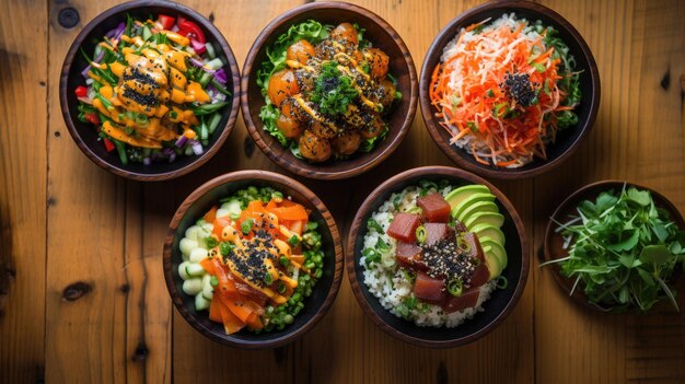 Photo overhead shot of a vibrant poke bowl on a bamboo mat