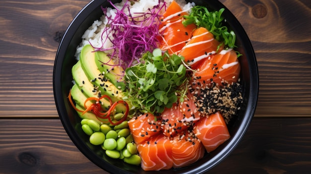 Photo overhead shot of a vibrant poke bowl on a bamboo mat