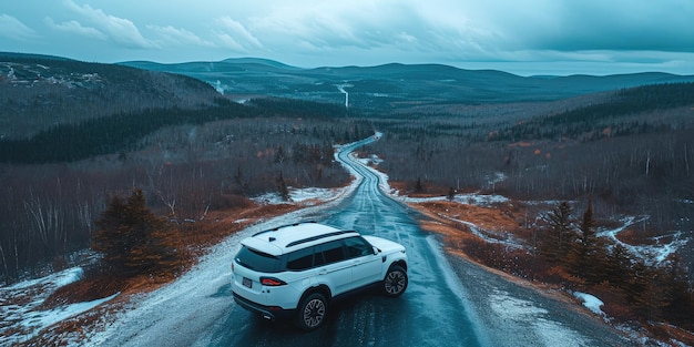 Overhead Shot of White SUV in Remote Natural Surroundings