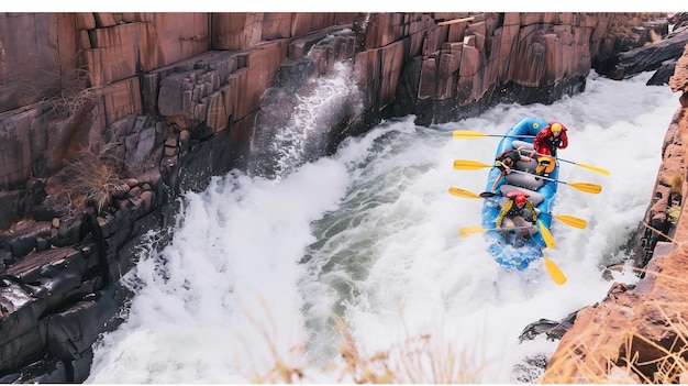 Photo overhead shot of whitewater rafting through rapids showing boat and action from above