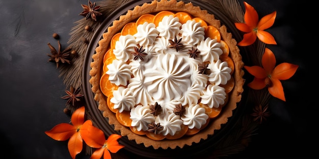 Overhead shot of whole pumpkin pie on white background Concept Food Photography Pumpkin Pie Overhead Shot White Background