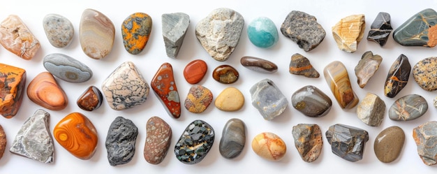 Overhead top down view of a collection of different types of stones arranged in a circular pattern