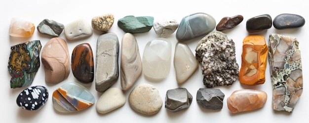 Overhead top down view of a collection of different types of stones arranged in a circular pattern