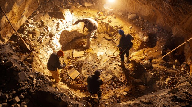 Photo an overhead view of archeologists excavating a site in a cave