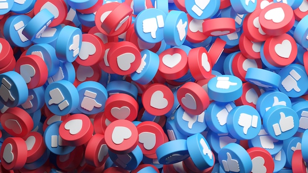 Overhead view of a big heap of Facebook like and love buttons for a background in 3D rendering