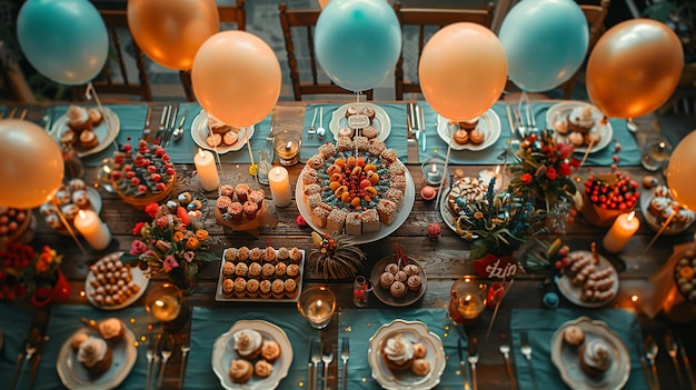 Photo an overhead view of a birthday table filled with various decorations and treats