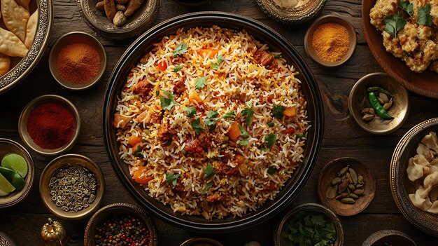 Photo overhead view of a biryani spread with a variety of ingredients