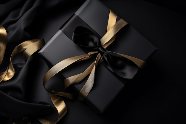 Overhead view of a black gift box with a golden satin ribbon set against a blacck background