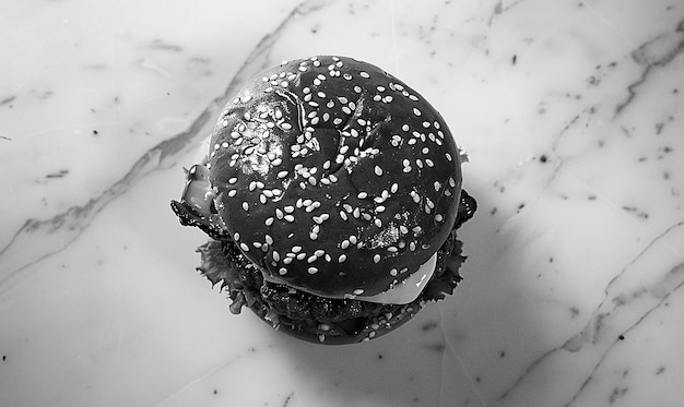 Photo overhead view of a burger on an elegant marble surface