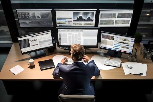 Overhead view of businessman working with charts and graphs on computer screen on desk in office