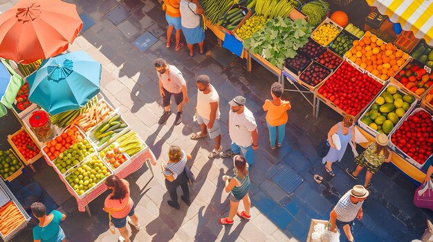 Photo overhead view of a bustling market in a sunny day