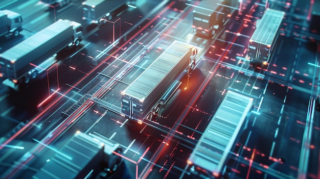 Overhead view of a busy container shipping terminal with illuminated containers revealing the organized complexity of global logistics and transport