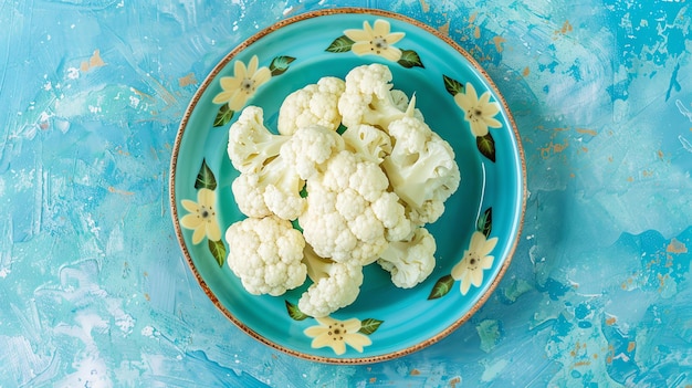 Photo overhead view of cauliflower florets on a blue and white floral plate