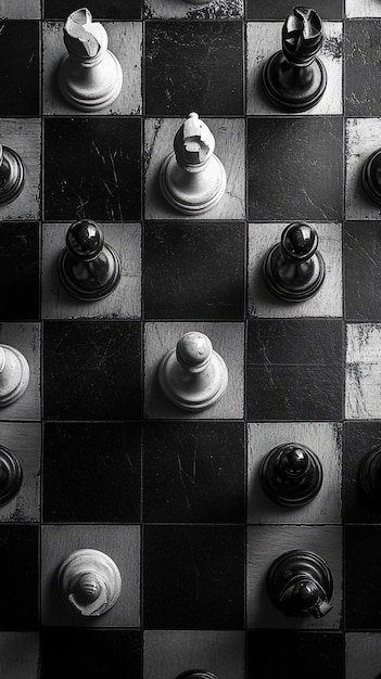 Photo an overhead view of a chessboard with black and white pieces showcasing a strategic game in progress