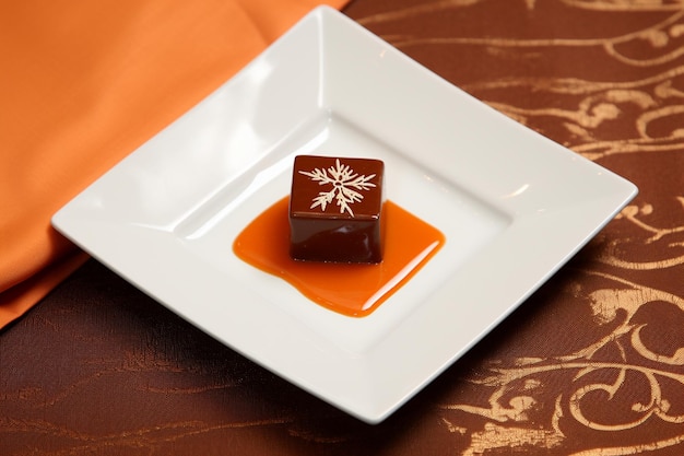 An overhead view of chocolate moose dessert in ceramic white bowl over the napkin