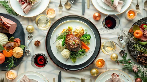 Overhead view of a Christmas dinner table with a variety of dishes