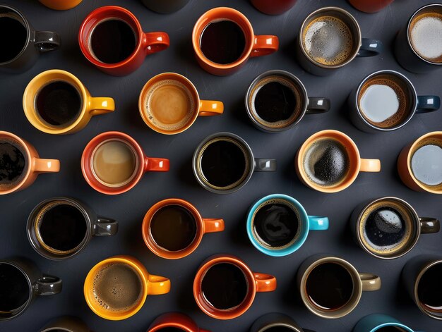 Photo overhead view of coffee mugs arranged in a pattern on flat surface