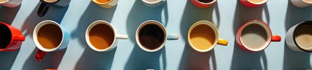 Photo overhead view of coffee mugs arranged in a pattern on flat surface