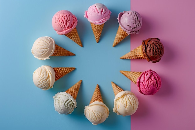 Overhead view of colorful ice cream cones on a split pink and blue background