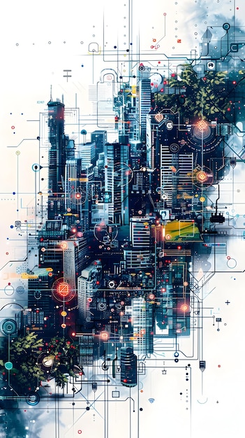 Overhead View of Company with Digital Transformation and Tech Overlay for Business Integration 3D