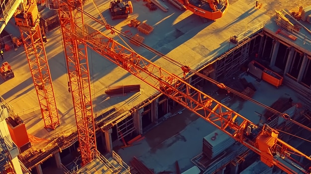 Overhead View of Construction Site with Cranes and Workers