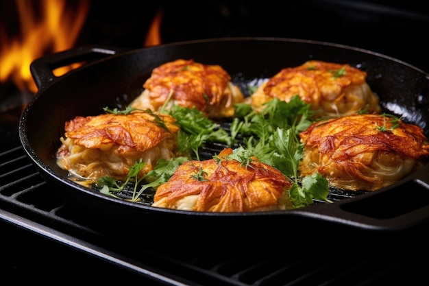 Overhead view of crab cakes frying in a hot pan