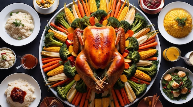 Photo overhead view of a delicious bbq feast with freshly grilled chicken