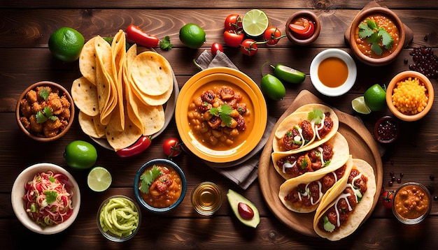 Overhead view of delicious mexican food on brown wooden table