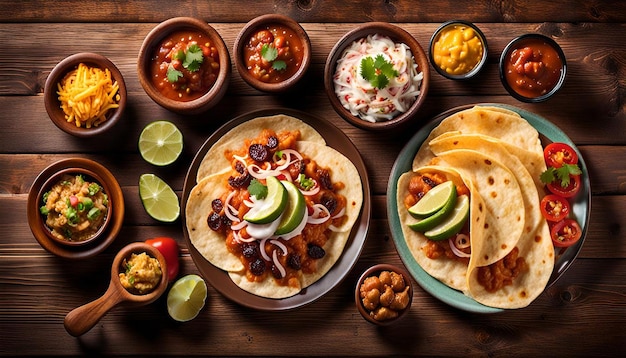 Overhead view of delicious mexican food on brown wooden table