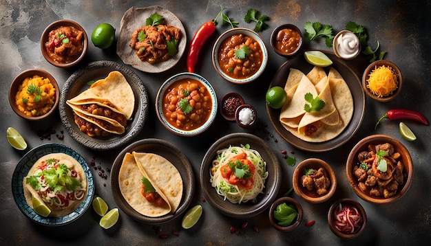 Overhead view of different mexican dishes on old metal background