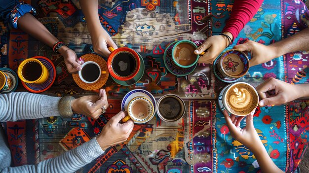 Photo overhead view of diverse hands holding colorful cups of coffee tea and latte over a vibrant table cloth