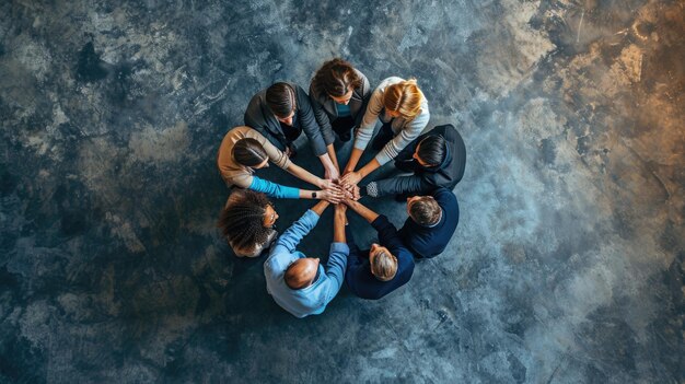 Photo overhead view of a diverse team of professionals huddled in a circle placing their hands one on top of the other