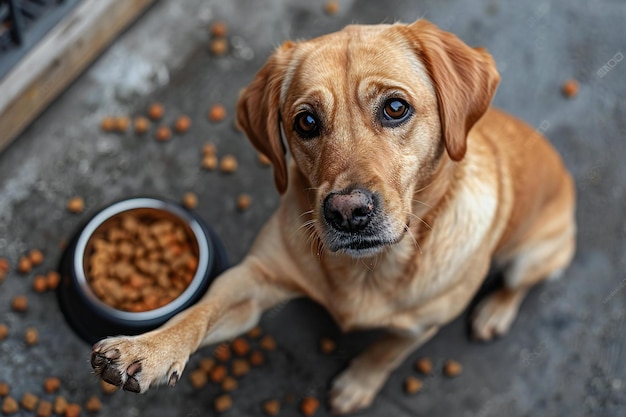 Overhead view of a dog sitting next to a bowl with food on the floor holding out one paw towards it