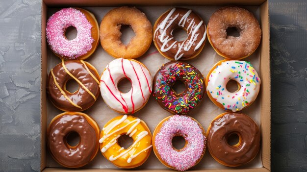 Overhead view of donuts in cardboard box generative ai