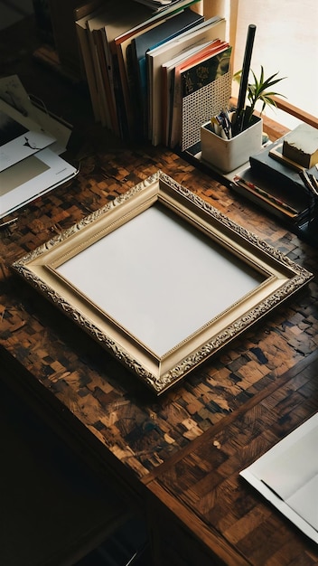 Overhead view of empty picture frame over textured desk