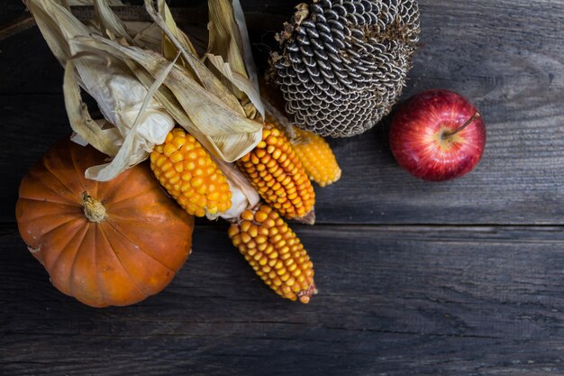 Overhead view of fall harvest on rustic wood with place for text