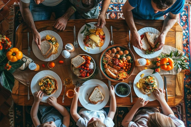 Overhead view of family sitting at breakfast table