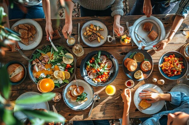 Overhead view of family sitting at breakfast table