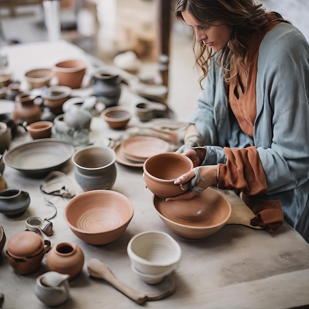 Photo overhead view of female potter holding ceramic bowl at